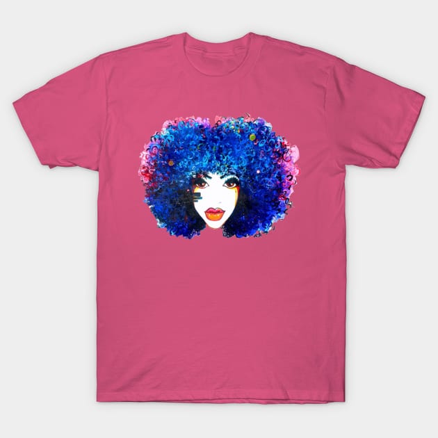 Afro Blue Women Natural Curly Hair T-Shirt by EllenDaisyShop